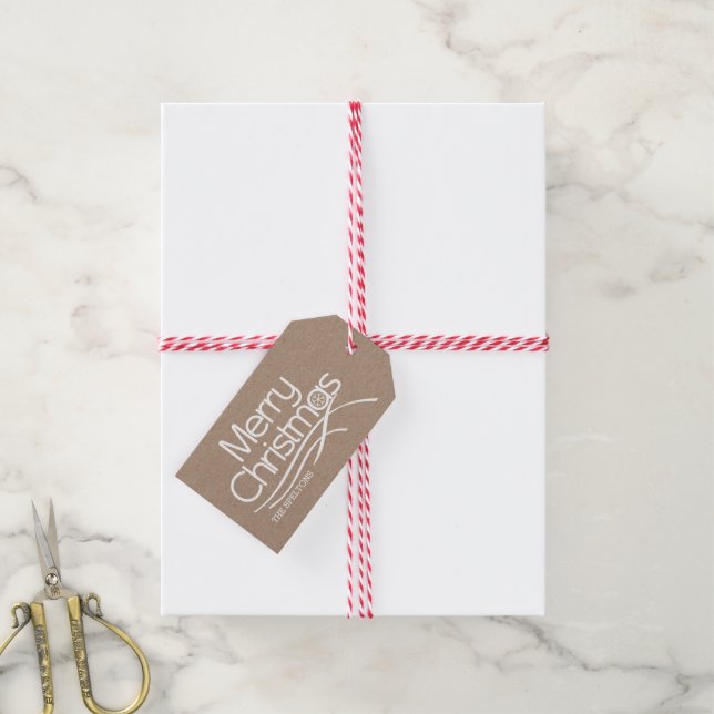 Frohe Weihnachts weiße Typografie, Schneeflocke mo Geschenkanhänger (Mit Garn)