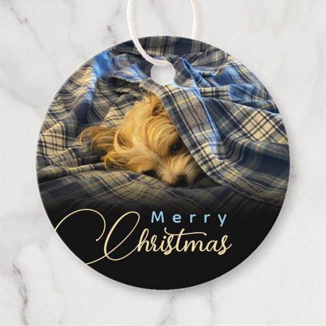 Frohe Weihnachts Welpe Foto Kariert Blanket Geschenkanhänger (Vorderseite)