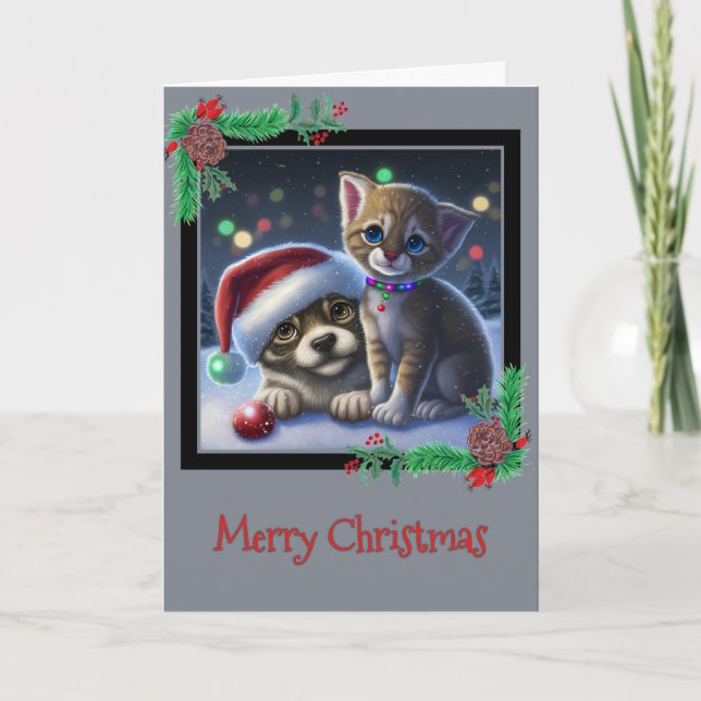 Frohe Weihnachts Welpe und Kitten Grußkarte Dankeskarte (Vorderseite)