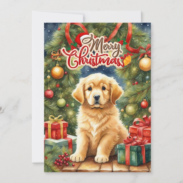 Frohe Weihnachts Welpe und Weihnachtsbaum Feiertagskarte (Vorderseite)