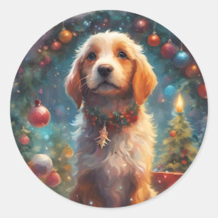 Frohe Weihnachts Welpen Hund, Ferienhaus Runder Aufkleber