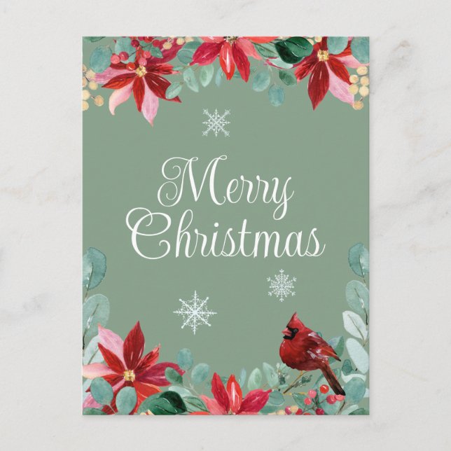 Frohe Weihnachts Winter Bird Kardinal Poinsettia Postkarte (Vorderseite)