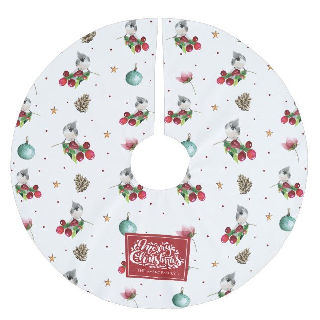 Frohe Weihnachts Winter Bird Muster Wasserfarbe Polyester Weihnachtsbaumdecke (Vorderseite)