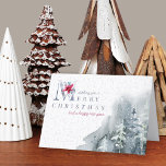 Frohe Weihnachts Winter Foliage Wasserfarbenwald Feiertagskarte<br><div class="desc">Personalisierte Weihnachtskarten mit eleganter Typografie und schlichter Eleganz. Dieses Design hat einen Aquarellwald im Schnee mit einem subtilen Hintergrund von zarten Blätter. "Gerne Weihnachten und ein glückliches neues Jahr" wird in handgeschriebener Schrift und eleganter Typografie geschrieben, mit Weihnachtspoinsettien und Wintergrün dekoriert. Im Inneren ist die Vorlage Set für Sie, um...</div>