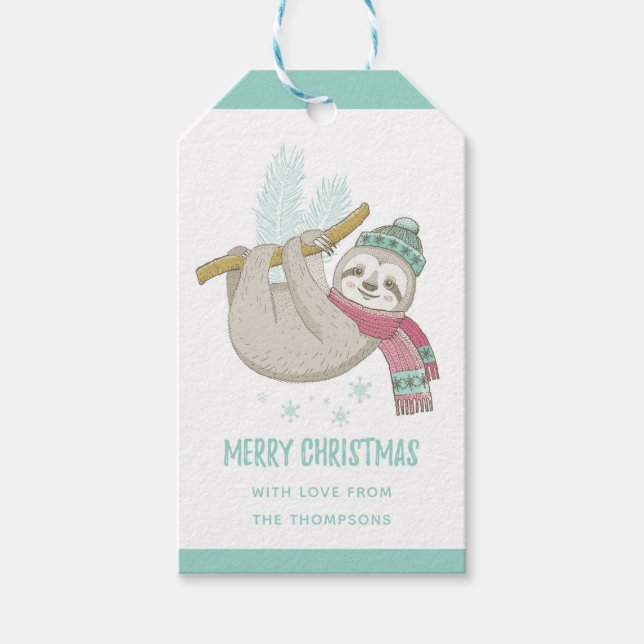 Frohe Weihnachts Winterurlaub Sloth Personalisiert Geschenkanhänger (Vorderseite)