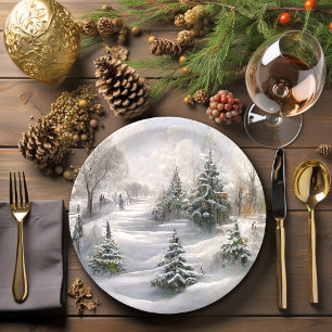 Frohe Weihnachts-Winterwaldlandschaft Pappteller