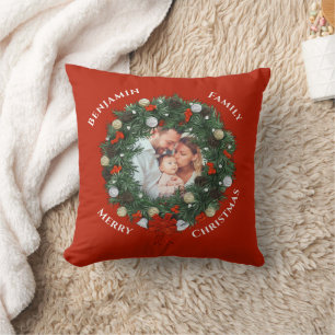Frohe Weihnachts-Wreath-Familie Foto personalisier Kissen