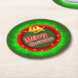 Frohe Weihnachts Wreath Gold Bell Red Green Runder Pappuntersetzer