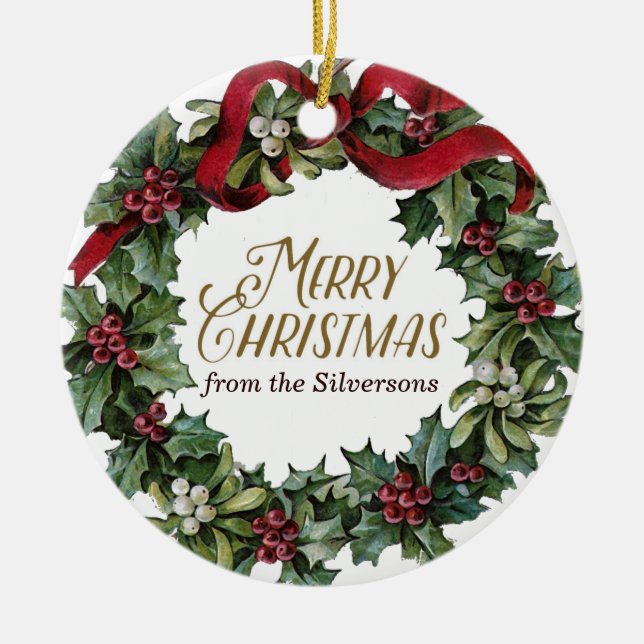 Frohe Weihnachts-Wreath Holly Mistletoe maßgeschne Keramik Ornament (Vorne)