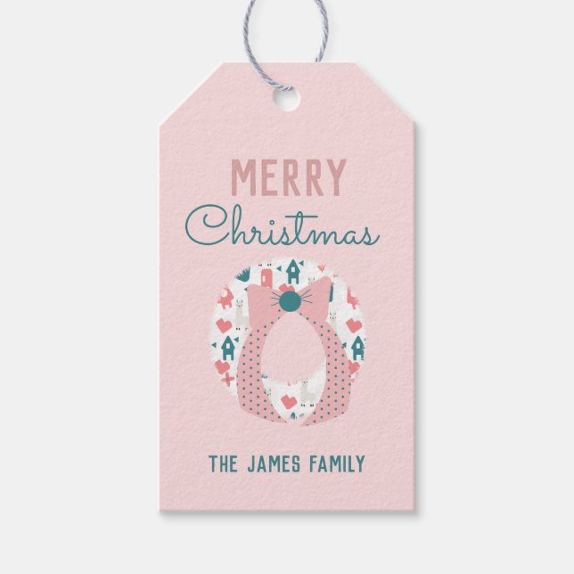 Frohe Weihnachts-Wreath-Llama-Musterfamilie Geschenkanhänger (Vorderseite)