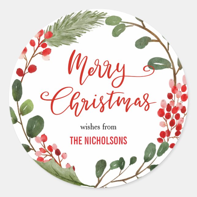Frohe Weihnachts Wreath Red Script | Kranz Runder Aufkleber (Vorderseite)