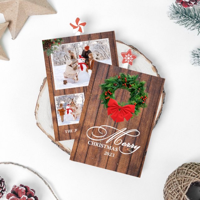 Frohe Weihnachts-Wreath-Wood-Fotokarte Einladung (Von Creator hochgeladen)