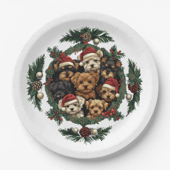 Frohe Weihnachts Yorkshire Terrier Dogs Pappteller (Vorderseite)