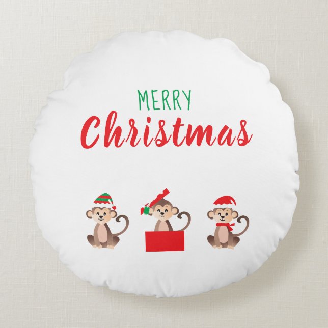 Frohe Weihnachtsaffen mit Weihnachtshut Rundes Kissen (Vorderseite)