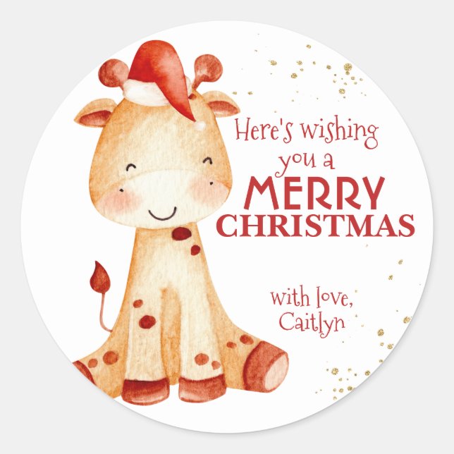 Frohe Weihnachtsaufkleber, Giraffe Santa, Kinder W Runder Aufkleber (Vorderseite)