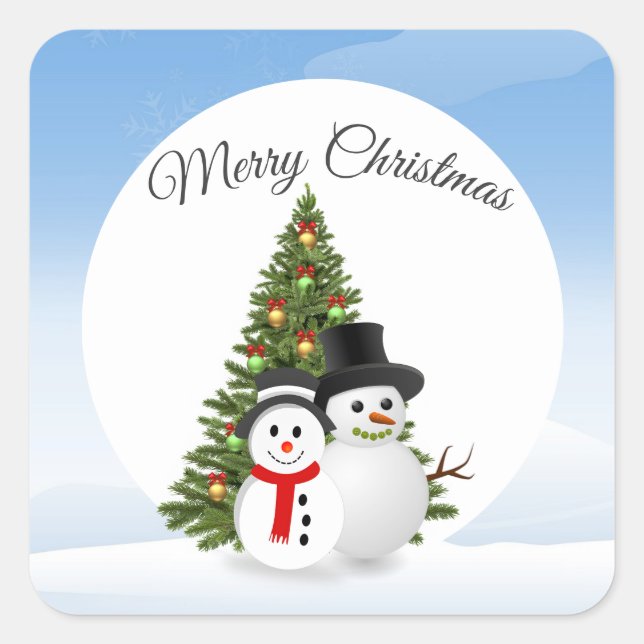 Frohe Weihnachtsaufkleber mit Snowmen Quadratischer Aufkleber (Vorderseite)