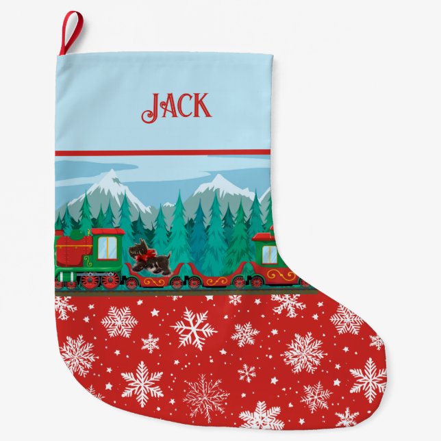 Frohe Weihnachtsbahn und Scotty Hund Großer Weihnachtsstrumpf (Vorderseite)