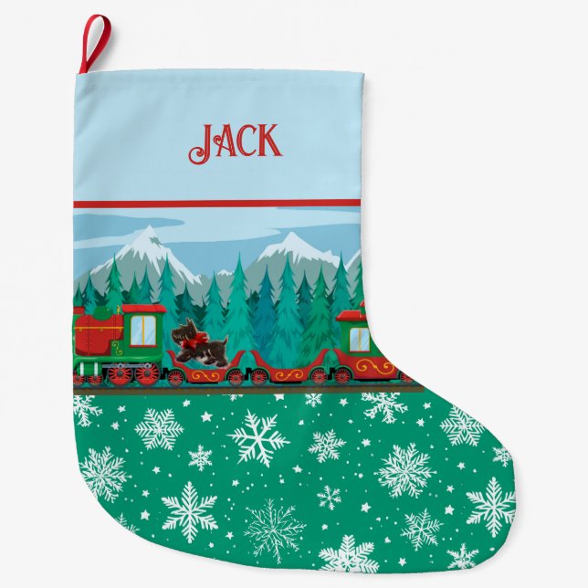Frohe Weihnachtsbahn und Scotty Hund Großer Weihnachtsstrumpf (Vorderseite)