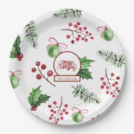 Frohe Weihnachtsbälle Holly Berries Pine Monogram Pappteller