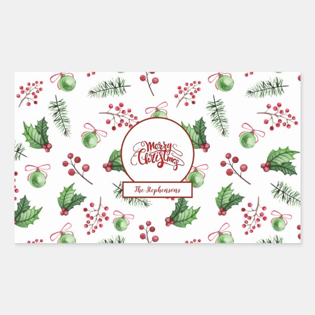 Frohe Weihnachtsbälle Holly Berries Pine Monogram Rechteckiger Aufkleber (Vorderseite)