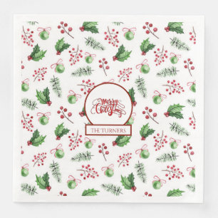 Frohe Weihnachtsbälle Holly Berries Pine Monogram Serviette