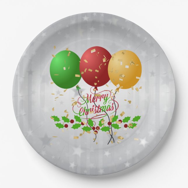 Frohe Weihnachtsballons und Confetti Pappteller (Vorderseite)