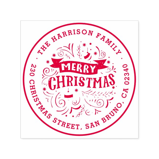 Frohe Weihnachtsbanner Runde Name & Rücksendeadres Permastempel (Design)