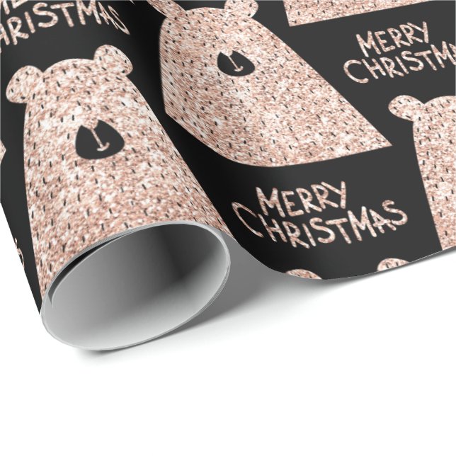 Frohe Weihnachtsbär Black Pink Rose Gold Glitzer Geschenkpapier (Rolleneckpunkt)