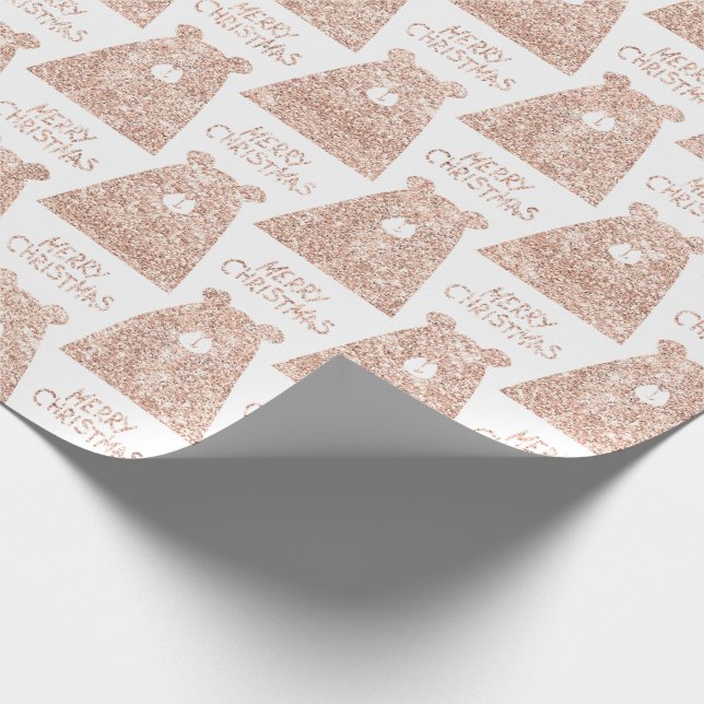 Frohe Weihnachtsbär White Pink Rose Gold Glitzer Geschenkpapier (Ecke)
