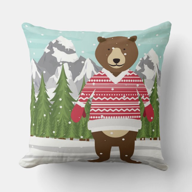 Frohe Weihnachtsbären in einem Pullover Kissen (Vorderseite)