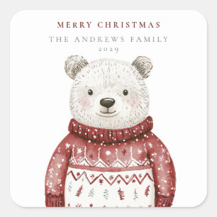 Frohe Weihnachtsbären in einem Pullover Quadratischer Aufkleber