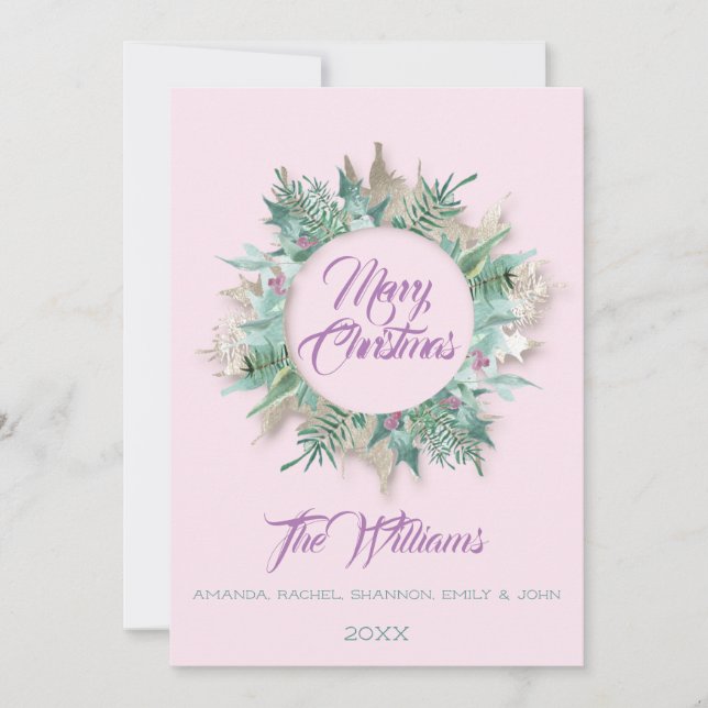 Frohe Weihnachtsbauch Wreath Monogram Pink Lila Einladung (Vorderseite)
