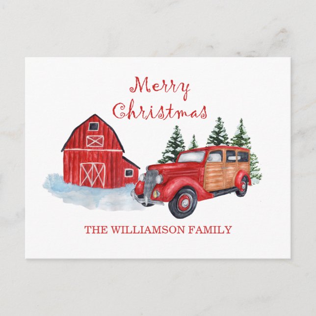 Frohe Weihnachtsbauernhof Red Truck | Familienname Postkarte (Vorderseite)