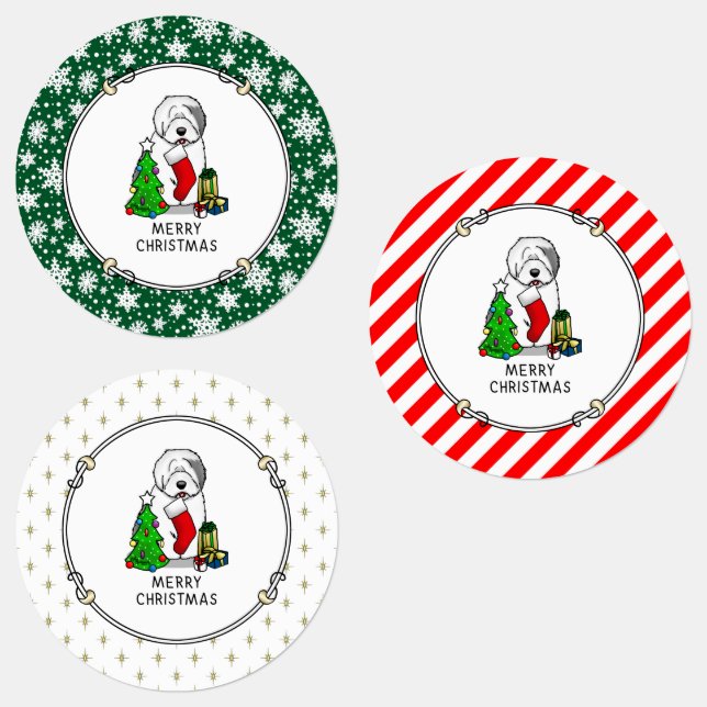 Frohe Weihnachtsbaum 2 Old English Sheepdog Gray 1 Etiketten (Gruppe)