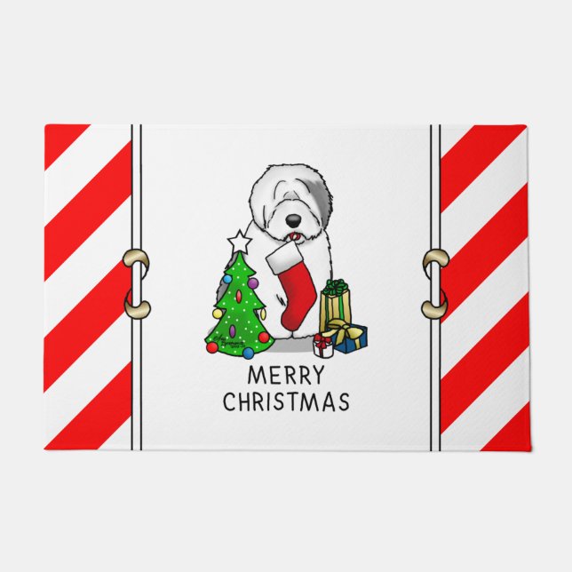 Frohe Weihnachtsbaum 2 Old English Sheepdog Gray 1 Fußmatte (Vorderseite)