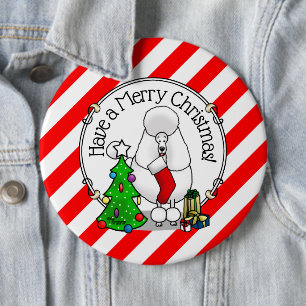 Frohe Weihnachtsbaum 2 Poodle (weiß) Hund Niedlich Button