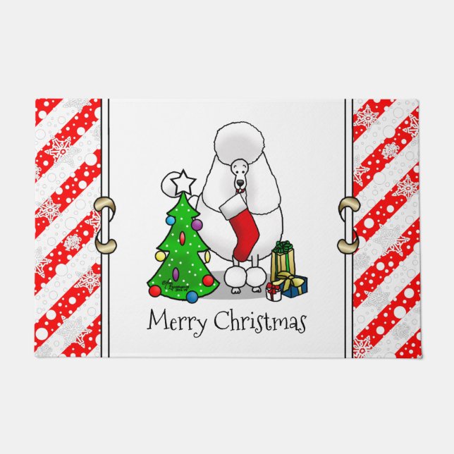 Frohe Weihnachtsbaum 2 Poodle (weiß) Hund Niedlich Fußmatte (Vorderseite)
