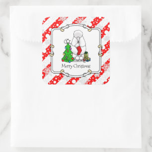 Frohe Weihnachtsbaum 2 Poodle (weiß) Hund Niedlich Quadratischer Aufkleber