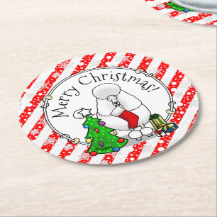 Frohe Weihnachtsbaum 2 Poodle (weiß) Hund Niedlich Runder Pappuntersetzer