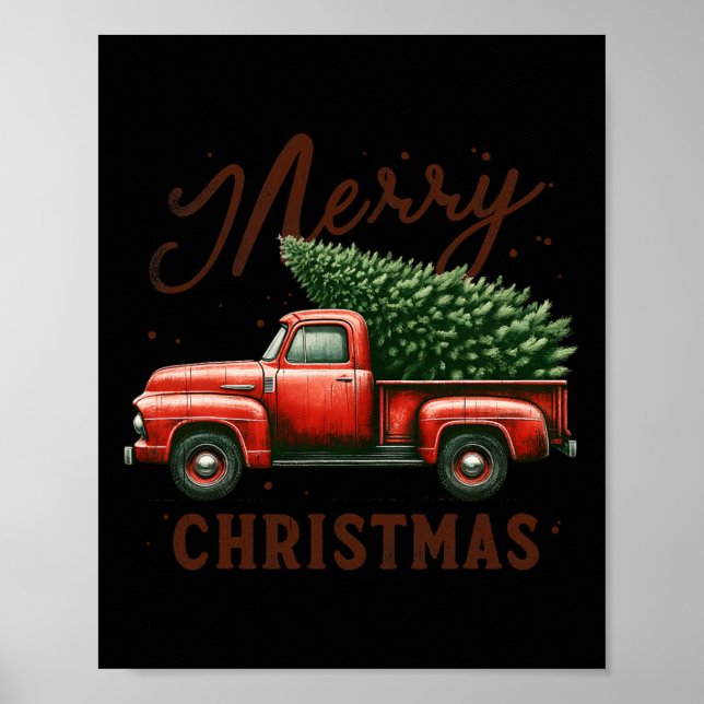 Frohe Weihnachtsbaum auf Red Truck Wagon Vintagen  Poster (Vorne)
