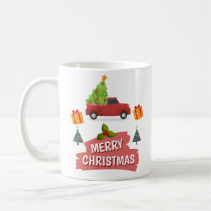 Frohe Weihnachtsbaum auf rotem Lastwagen Kaffeetasse