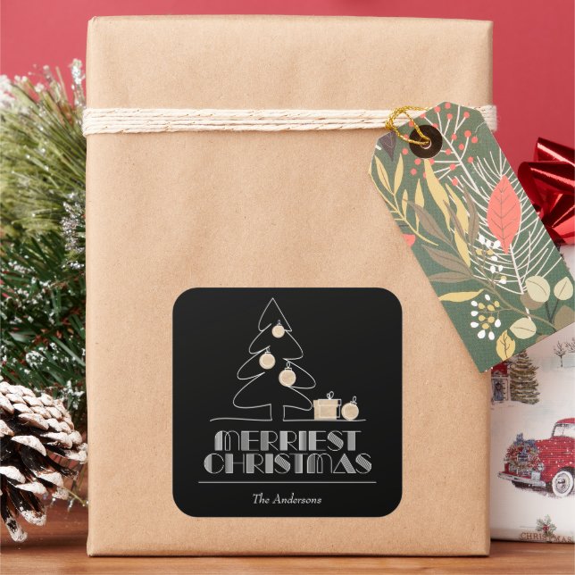 Frohe Weihnachtsbaum Black Quadratischer Aufkleber (Feiertag)