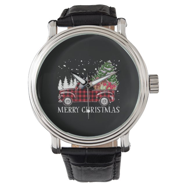 Frohe Weihnachtsbaum Buffalo Kariert Red Truck Armbanduhr (Vorderseite)