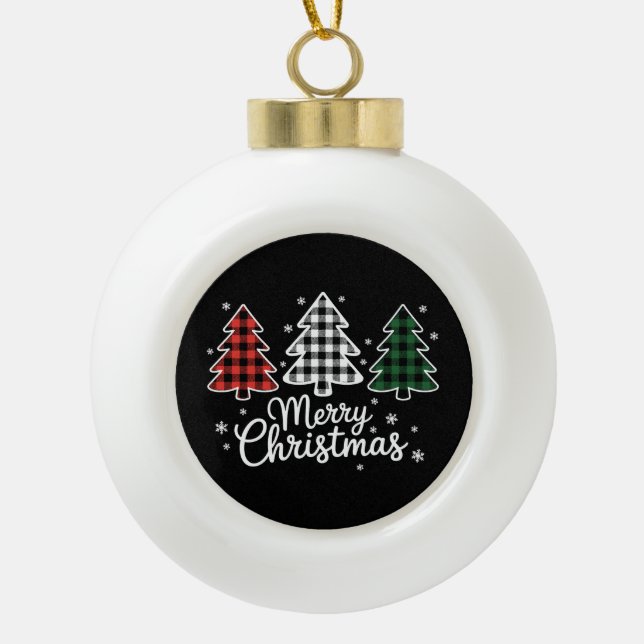 Frohe Weihnachtsbaum Buffalo Kariert Red White Gre Keramik Kugel-Ornament (Vorderseite)