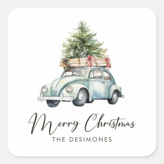 Frohe Weihnachtsbaum Classic Auto Urlaub Quadratischer Aufkleber (Vorderseite)