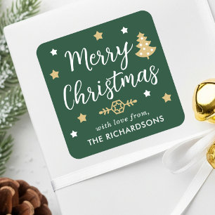 Frohe Weihnachtsbaum Custom Familienname Dark Gree Quadratischer Aufkleber