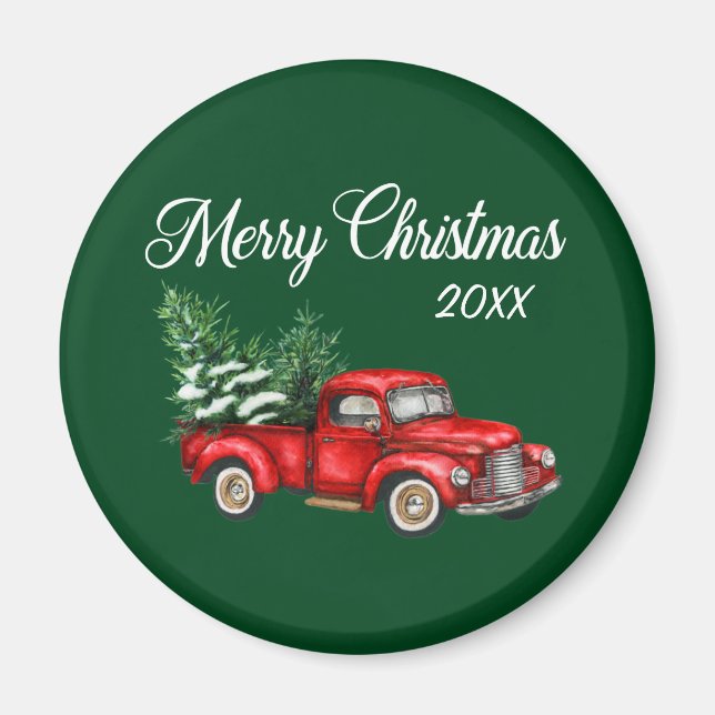 Frohe Weihnachtsbaum Datum Vintag Red Truck Green Magnet (Vorne)