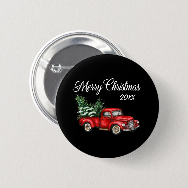Frohe Weihnachtsbaum Datum Vintager roter LKW Schw Button (Vorne & Hinten)