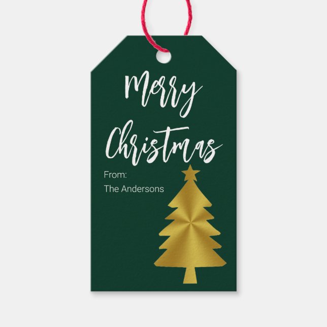 Frohe Weihnachtsbaum Dunkelgrün und Gold Name Geschenkanhänger (Vorderseite)
