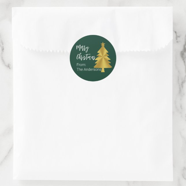 Frohe Weihnachtsbaum Dunkelgrüne Goldbezeichnung G Runder Aufkleber (Tasche)